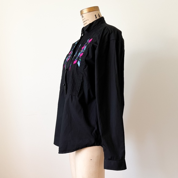 Vintage Black Cotton Embroidered Western Shirt Size Medium Rodeo Cowgirl - Picture 2 of 12